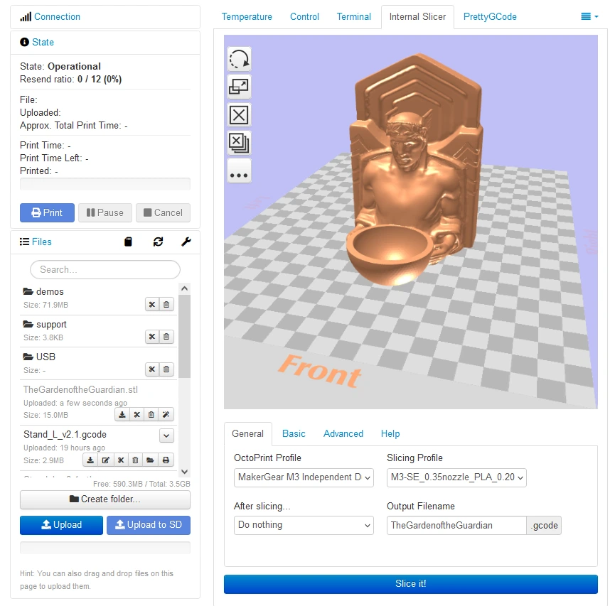 OctoPrint Internal Slicer Plugin screenshot